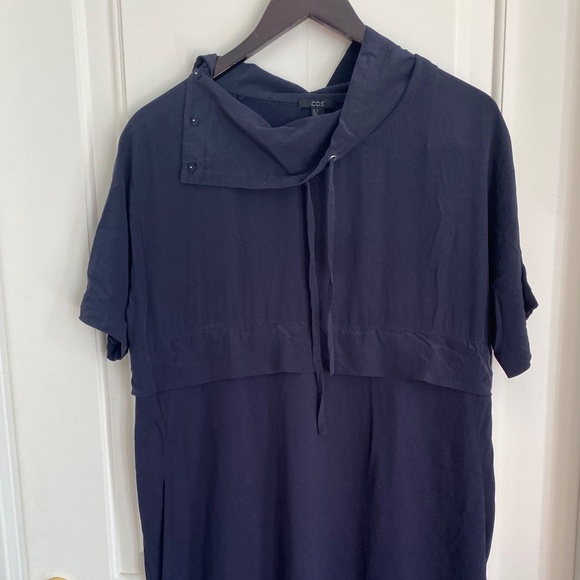 COS Dark Navy Cotton & Silk Cowl Neck Relaxed Fit W Pockets Dress  M - Picture 1 of 8